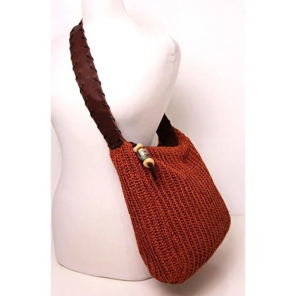 PRESTON YORK ITALY WOVEN KNITTED CORD BROWN GENUINE LEATHER SHOULDER BAG HANDBAG